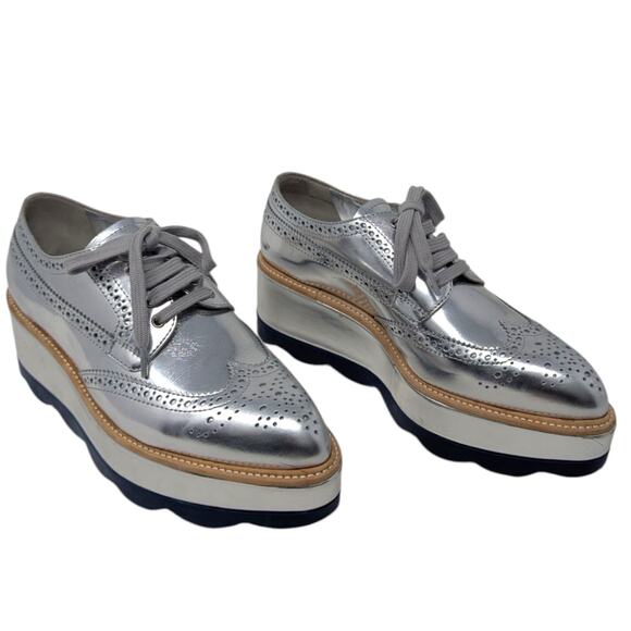 Prada Silver Leather Platform Oxford Brogues Wingtip Lace-Up Shoes 36.5 Designer - Picture 3 of 10